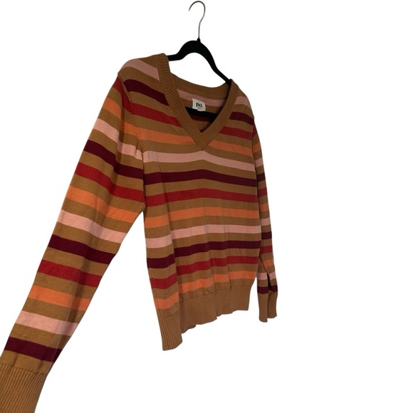 Pact Women’s XS Organic Cotton Tan Vail Stripe V-Neck Fine Knit Pullover Sweater - Picture 2 of 6